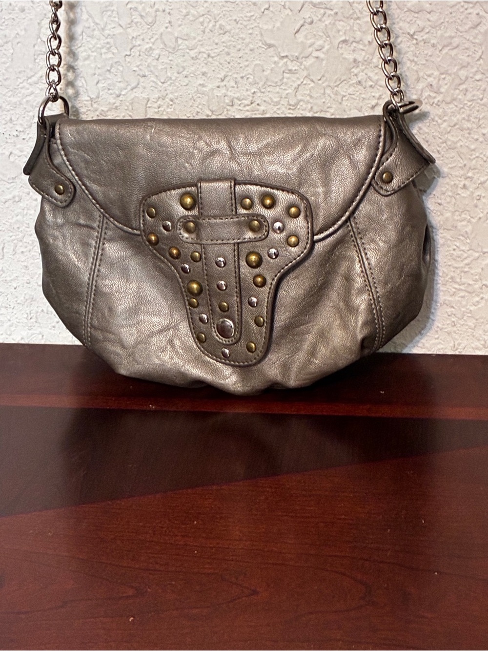 Candie's Metallic Silver Studded Crossbody Bag